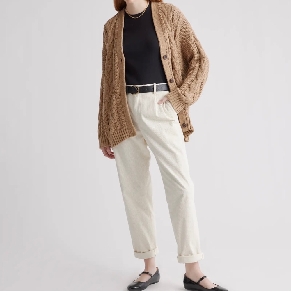Quince 100% Organic Cotton Oversized Cable Cardigan Camel Medium